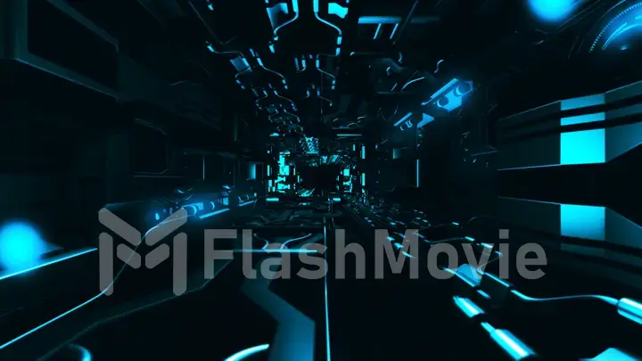 Fly inside of futuristic metallic corridor 3d rendering