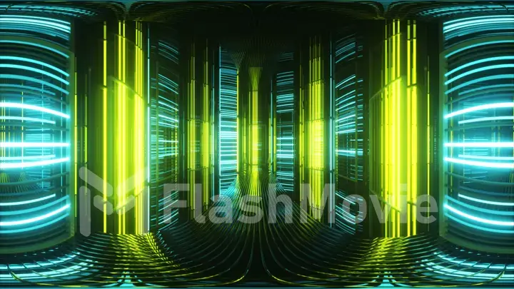 Bright neon lights in a metal room. Modern fluorescent light. Green yellow neon spectrum. 3d illustration