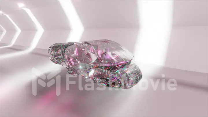 The concept of future technologies. The diamond car flies through a light tunnel. White pink color. 3d Illustration