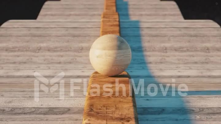 A ball similar to Jupiter rolls on a wooden track. Road from white boards. 3d animation of seamless loop.