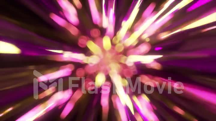 High speed flying lines 3d animation in seamless looping traffic. Laser neon pink purple rays on a dark background.