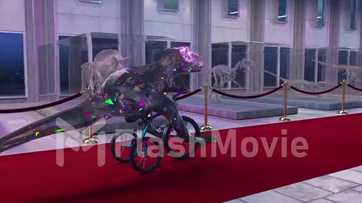 Diamond dino rides a bicycle against the backdrop of dinosaur skeletons. Red carpet. Museum in outer space. 3d animation