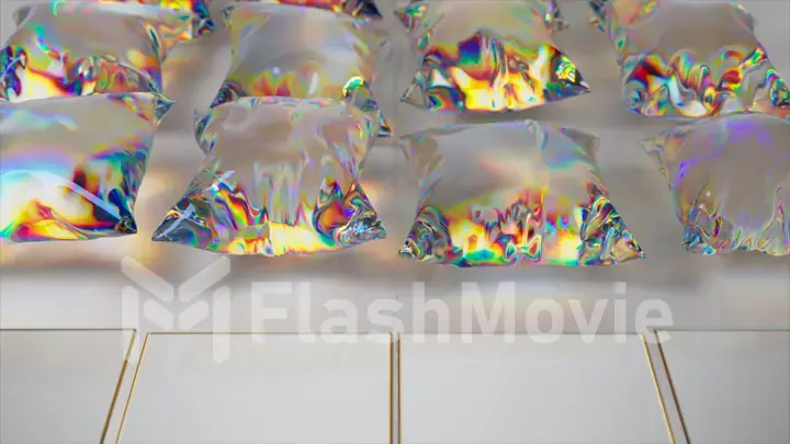 Metal square tiles transform into flying transparent pillows. Light refraction. Diamond. 3d illustration