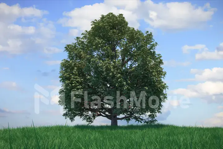 3d illustration growing tree on a hill with grass against a blue sky with clouds