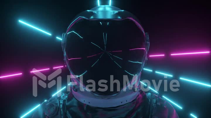 Astronaut in neon space close-up. Bright rays of neon fly by. 3d animation of a seamless loop.