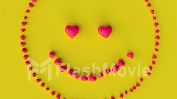 Falling red hearts forming a smiling emoticon on a yellow background. 3d illustration