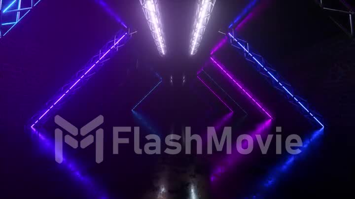 Abstract neon background flying forward through the corridor, glowing pink blue lines appear, ultraviolet spectrum. Seamless loop 3d render