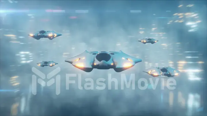 Futuristic 3d illustration, the flight of aircraft on the tech city in the fog