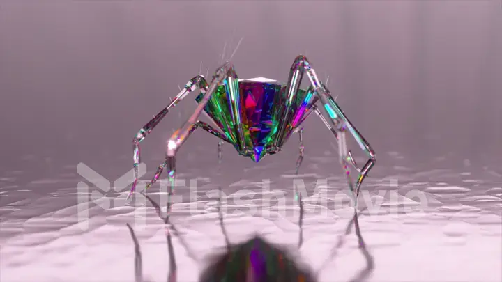 Spider with a body made of a diamond stone walks on a smooth mirror surface. Blue purple color.