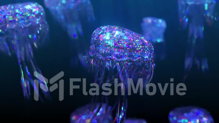 Diamond jellyfish floating upwards. Diamond collection of animals. 3d animation of a seamless loop