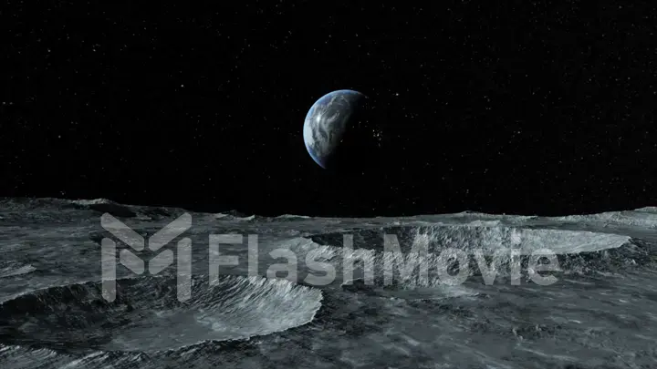 View of the planet Earth from the surface of the Moon. Airless space. Simulated drone flight. High quality 3d illustration