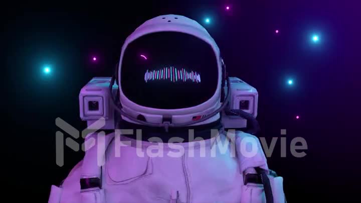 Astronaut surrounded by flashing neon lights. Music and nightclub concept. 3d animation of a seamless loop