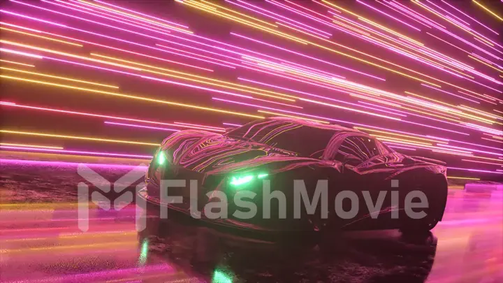 Futuristic concept. Sports car on the background of glowing neon lines. Pink purple color. 3d Illustration