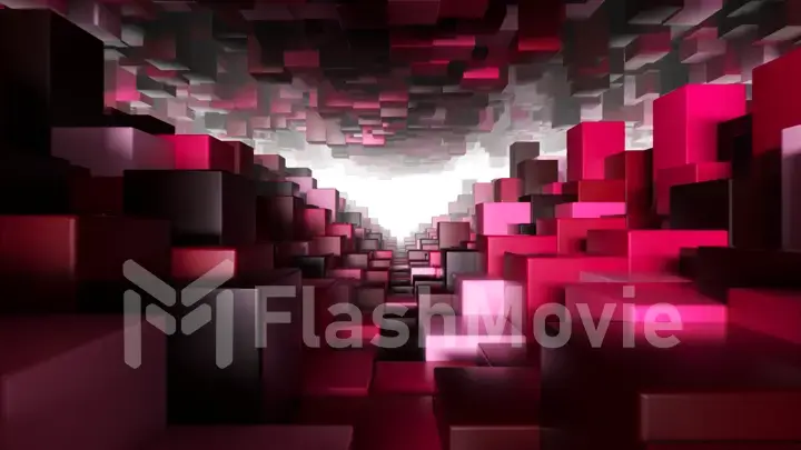 Abstract geometric tunnel made of red cubes with random movement. 3d illustration