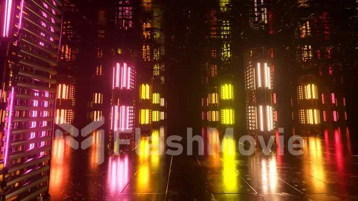 A long futuristic corridor with a technological interior. Neon light moving rapidly from the end of the tunnel. Sci fi room. Seamless loop 3d animation