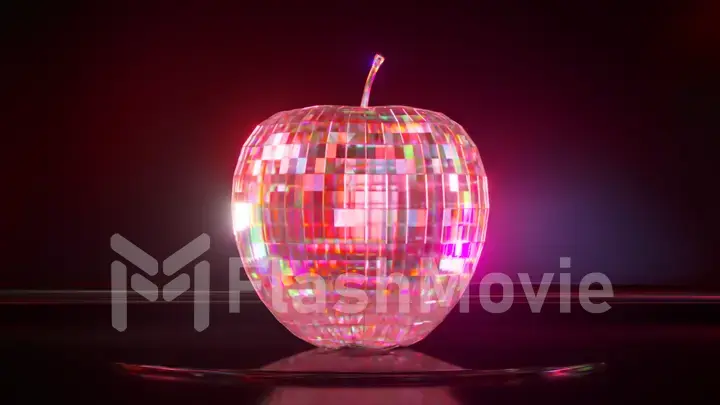 The pink disco apple spins on the platform reflecting the light. Dark and bright lighting. Mirror surface. Disco ball.