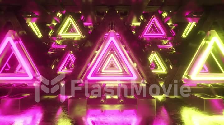 Abstract flying in metal futuristic corridor with triangles, seamless loop 4k background, fluorescent ultraviolet light, laser neon lines, geometric endless tunnel, yellow pink spectrum, 3d render