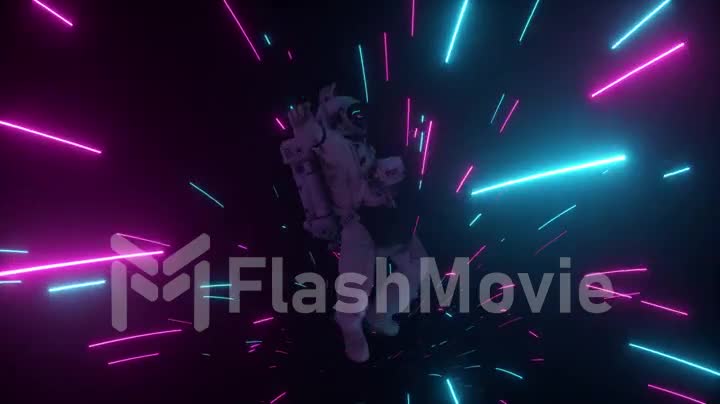 Astronaut falling in the corridor of a spaceship. Sci-Fi futuristic space tunnel VJ for titles and background. Neon light. 4k animation of seamless loop