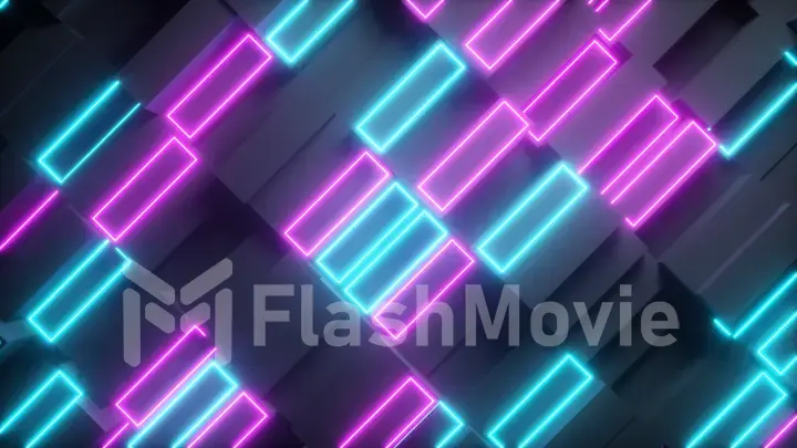 Bright abstract moving structure of rectangles with neon elements. Bright light. Modern orange blue color spectrum. 3d illustration