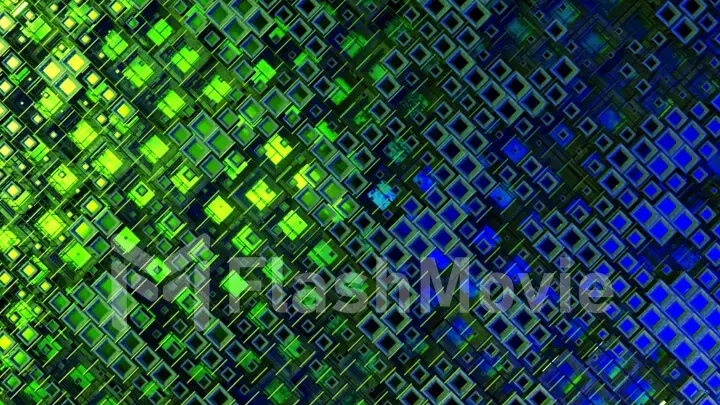 3d illustration of colorful glass rows of cubes floating through the prog, creating an abstract graphic background technology texture. Blue green color