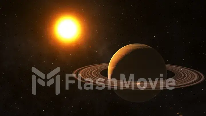 The sun shines on Saturn in space high quality 3d illustration.