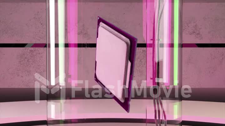 The microchip rotates above the floor. Pink neon light. Abstract background. Computer. Artificial intelligence.