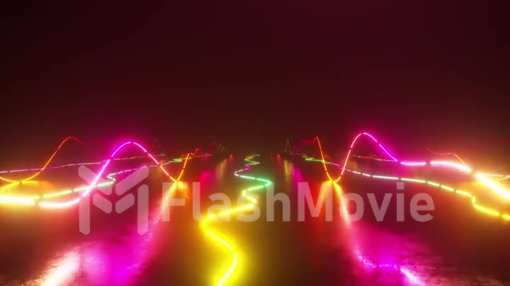 Flying over a colorful bright neon glowing graphic equalizer. World of music. Modern signal spectrum, laser show, energy, sound vibrations and waves.