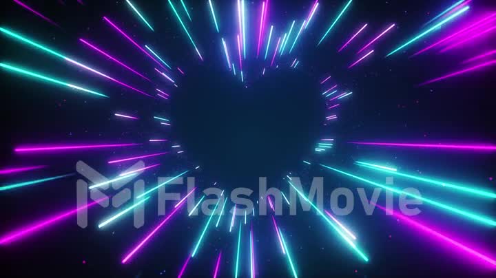Flying in a blue pink futuristic neon heart-shaped tunnel. Abstract corridor with fast moving light lines. Seamless looped 3D animation.
