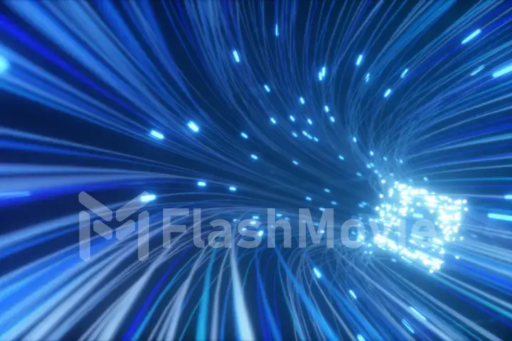 Abstract 3d illustration background of moving of lines for fiber optic network creating technology tunnel. Magic flickering neon dots or glowing flying lines.