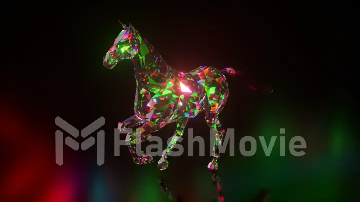 Collection of diamond animals. Running horse. Nature and animals concept. 3d animation of a seamless loop. Low poly