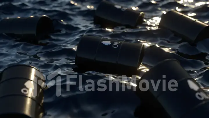 The concept of oil. The embargo. Empty oil barrels float in a sea of oil. An environmental disaster. 3d illustration