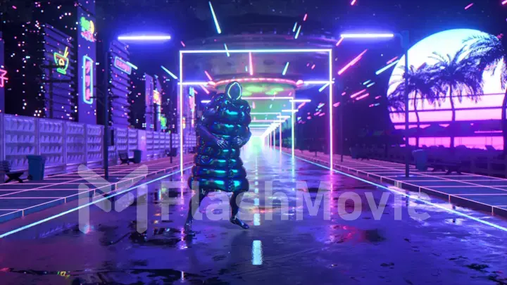 Cyberpunk guy dancing. Sunset background. Night city. Road. Blue neon. Futuristic concept. UFO. 3d illustration