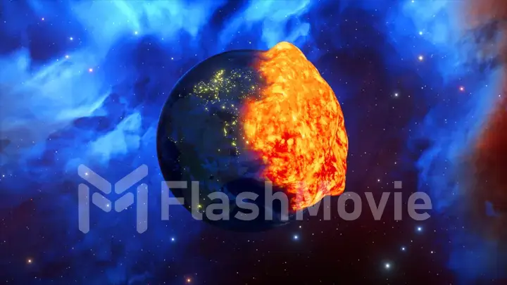Hot liquid lava engulfs the planet. Fireball on the background of space. Science fiction. Gas giant. 3d illustration