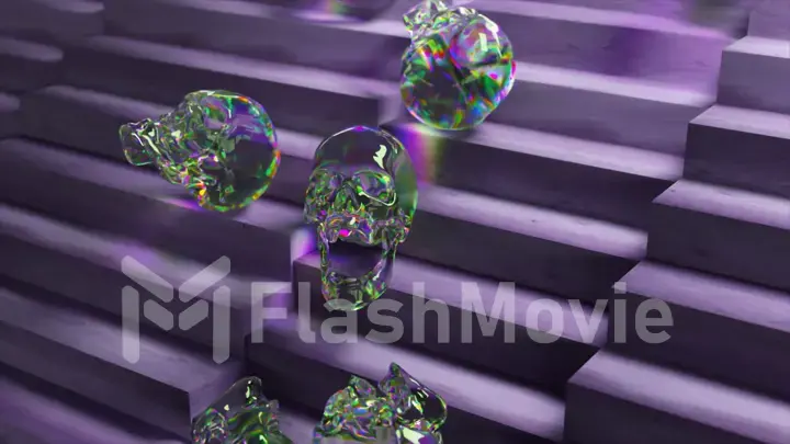 Abstract concept. The diamond skulls slide down the Light wood stairs. Rainbow. Transparent. 3d illustration