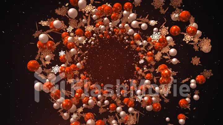 New year christmas background with christmas balls and snow in red 3d illustration