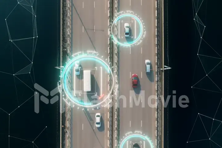 4k aerial view of self driving autopilot cars driving on a highway with technology tracking them, showing speed and who is controlling the car. Visual effects clip shot.