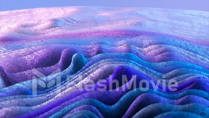 Organic blue purple abstract background wallpaper. Live folds on lace fabric move in waves. 3d illustration