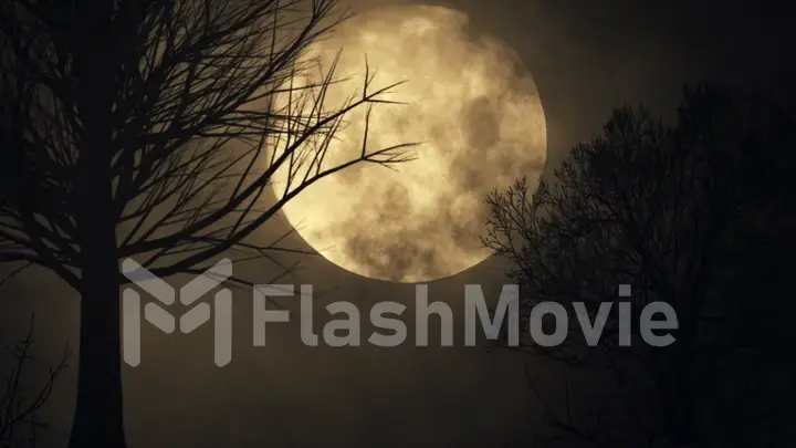 Spooky moon background. tree silhouette. large full moon close up. time lapse. night sky 3d illustration