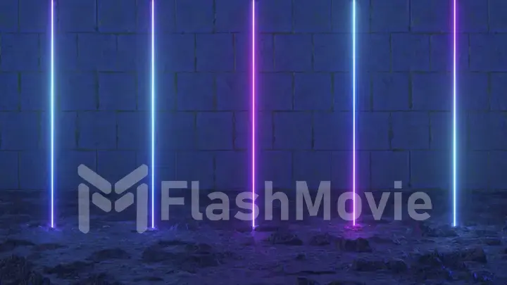 Abstract concept. Neon blue purple lines on a dark brick wall background. Earth. Night club. Lighting. 3d illustration