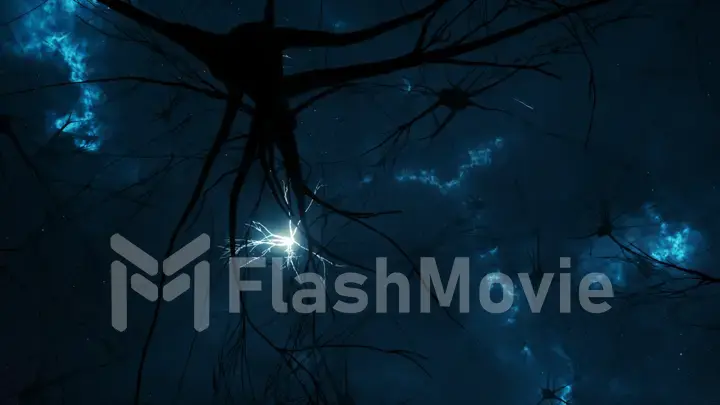 3d illustration of the activity of neurons and synapses. Neural connections in outer space, radioactivity, neurotransmitters, brain, axons. Electrical impulses transmitting signals. Mind concept.