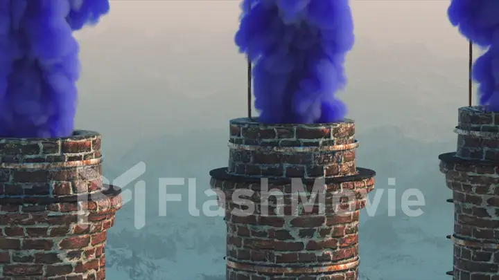 Brick chimney on the against the backdrop of a snowy mountain landscape. Colored smoke. Winter. 3d Illustration.
