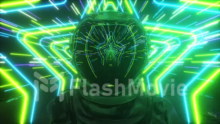 An endless neon tunnel of stars moves along the astronaut. Bright space concept. Reflections in the helmet. 3d illustration