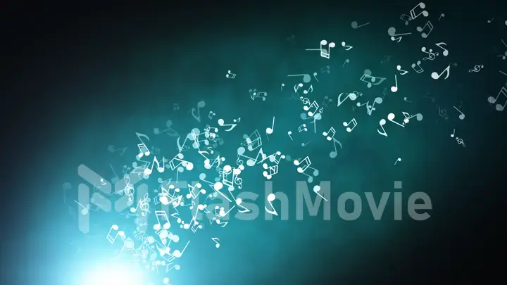 Floating musical notes on an abstract blue background with flares 3d illustration