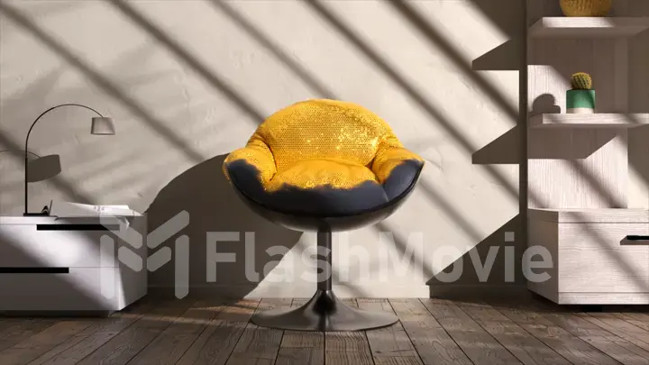 Abstract concept. The office chair inflates and turns into gold. Furniture. Interior. Shadow on the wall.