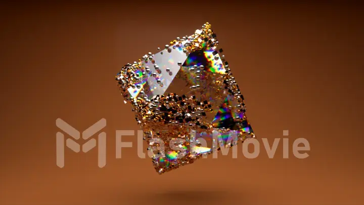 Abstract concept. Crystal rhombus rotates. Gold particles are attracted to the surface of the figure. Decoration. Order