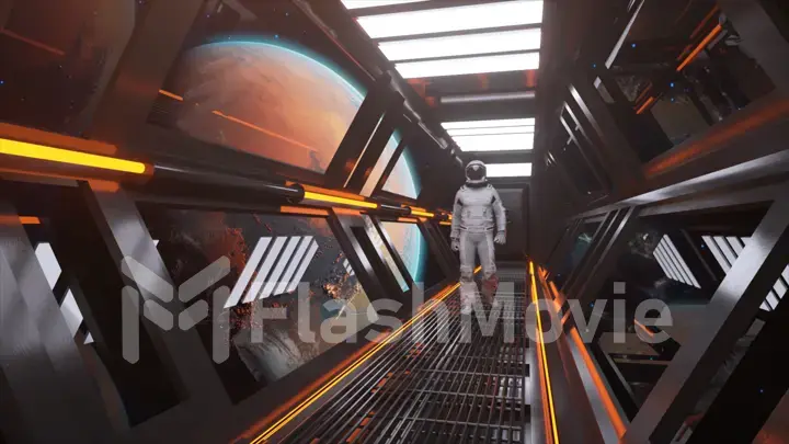 Astronaut walks in the tunnel of a spaceship. Sci-Fi futuristic space corridor. Mars orbit. Orange neon light.