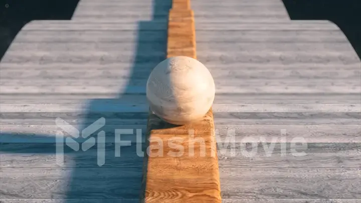 A marble ball rolls down a wooden track. Planet. Jupiter. Wooden flooring. Dark background. 3d illustration