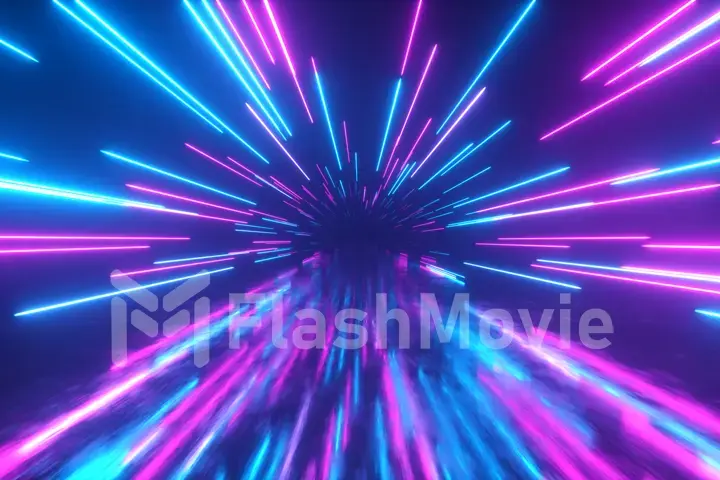 Flying in space with luminous neon lines. Hyperspace. Modern ultraviolet spectrum of light. Blue purple color. 3d illustration