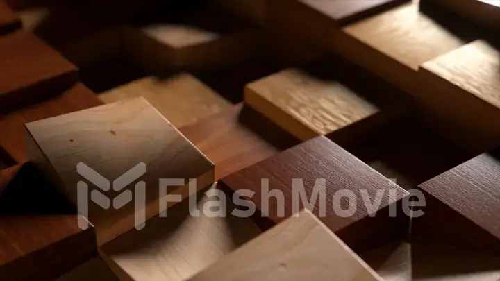 Wooden square figures have different heights and beveled edges. Shadow. Close-up. Geometric objects. Lighting