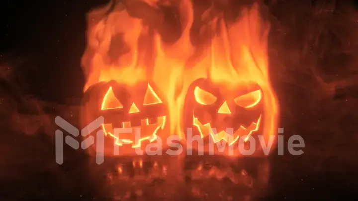 Halloween pumpkins are engulfed in powerful flames, glow and sparkle from within against a dark black background with smoke. Festive horror decoration. 3d illustration